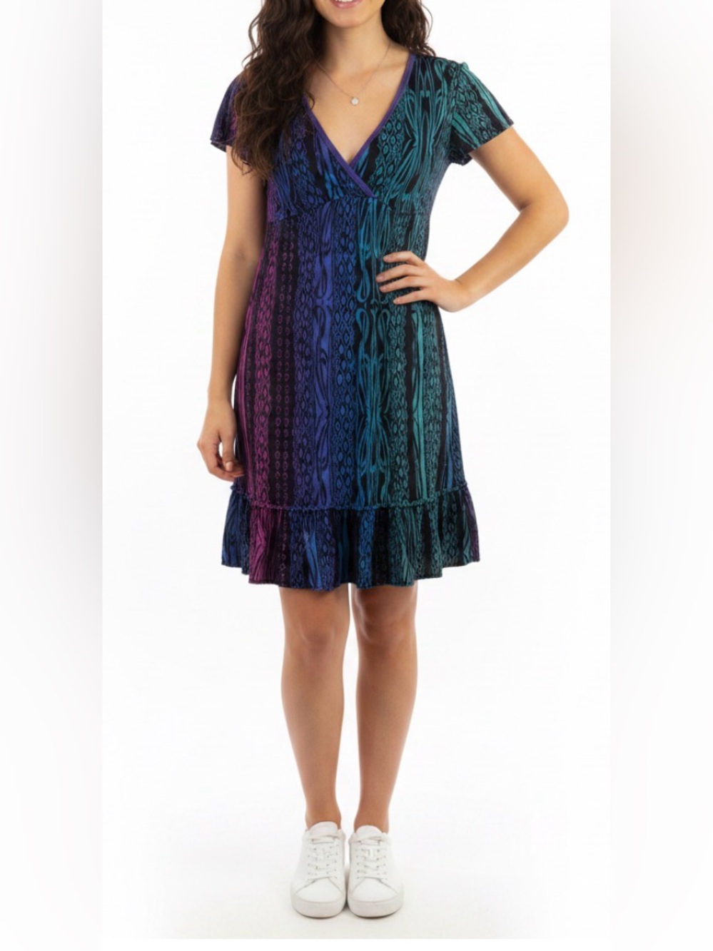 Lucky Brand Colorful Boho Tie Dy Ruffle Hem V Neck Y2K Dress Size XS **READ